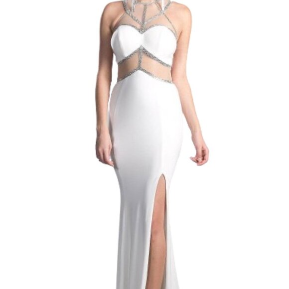 NWT Ladivine CD0115 Sheer  Prom Dress White Silver Size S - Picture 2 of 6